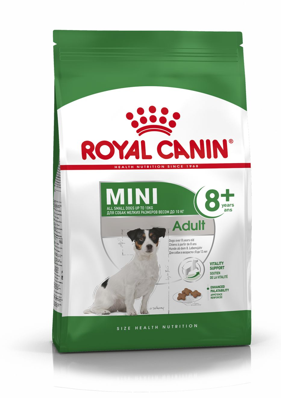 Royal Canin Mini Adult 8+ dry dog food bag, front of pack