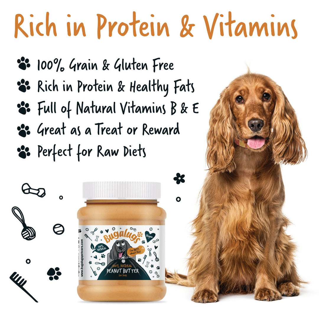 Bugalugs Peanut Butter benefits: grain and gluten free, rich in protein, vitamins B and E, perfect for raw diets