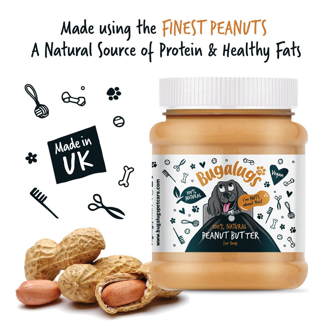 Bugalugs Peanut Butter for Dogs made using the finest peanuts, a natural source of protein and healthy fats, made in the UK