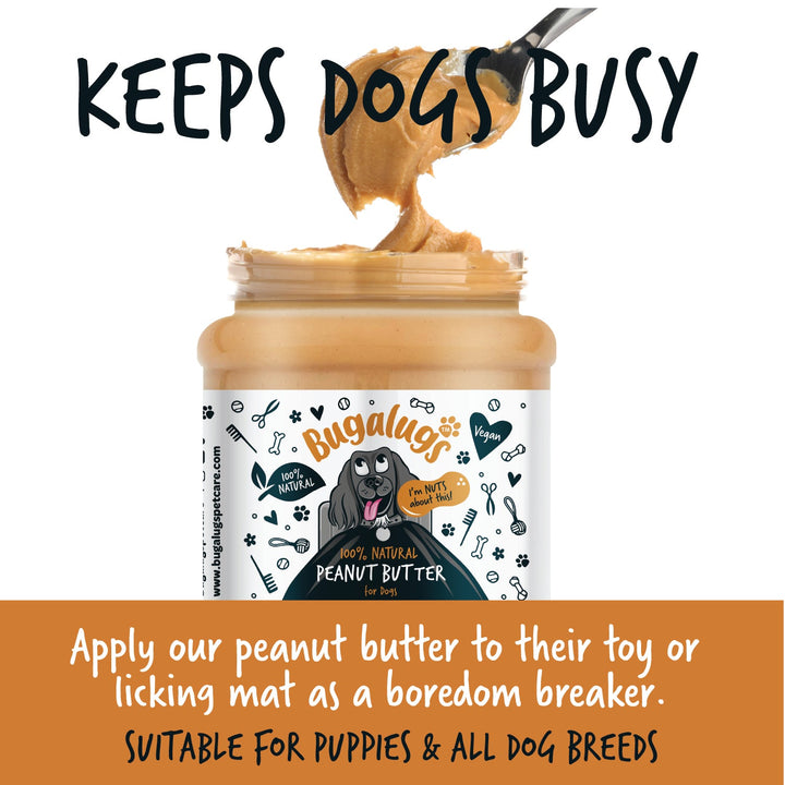 Bugalugs Peanut Butter keeps dogs busy on a toy or lick mat, suitable for puppies and all breeds