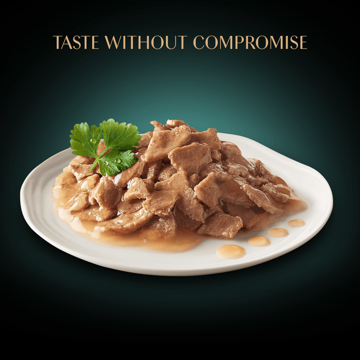 Sheba finely sliced fish pieces in gravy served on a plate
