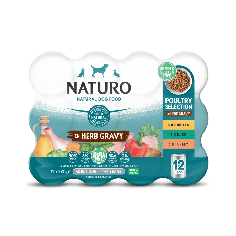 Naturo Adult Dog Poultry Selection in Herb Gravy 12 x 390g cans: 6 chicken, 3 duck, 3 turkey, current pack design