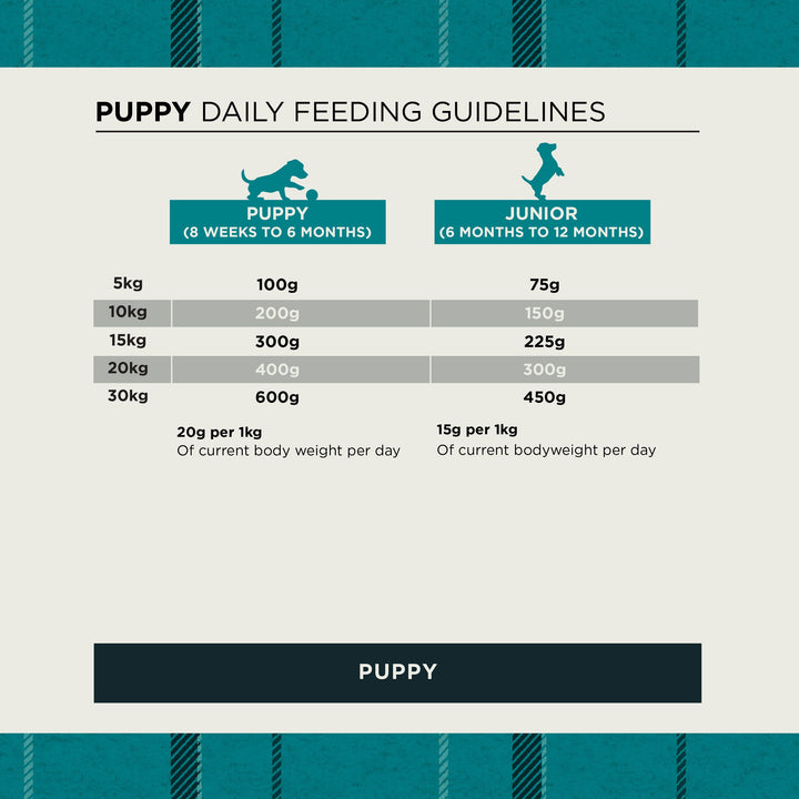 Burns Puppy Original daily feeding guide for puppies and juniors by body weight
