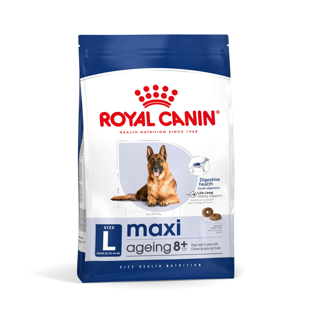 Royal Canin Maxi Ageing 8+ dry dog food bag, current front of pack