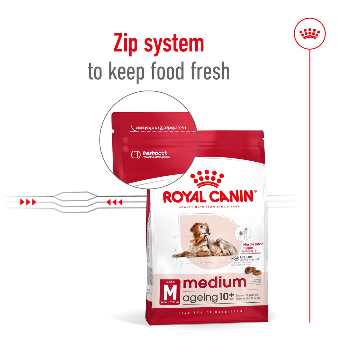 Royal Canin Medium Ageing 10+ bag zip system to keep food fresh