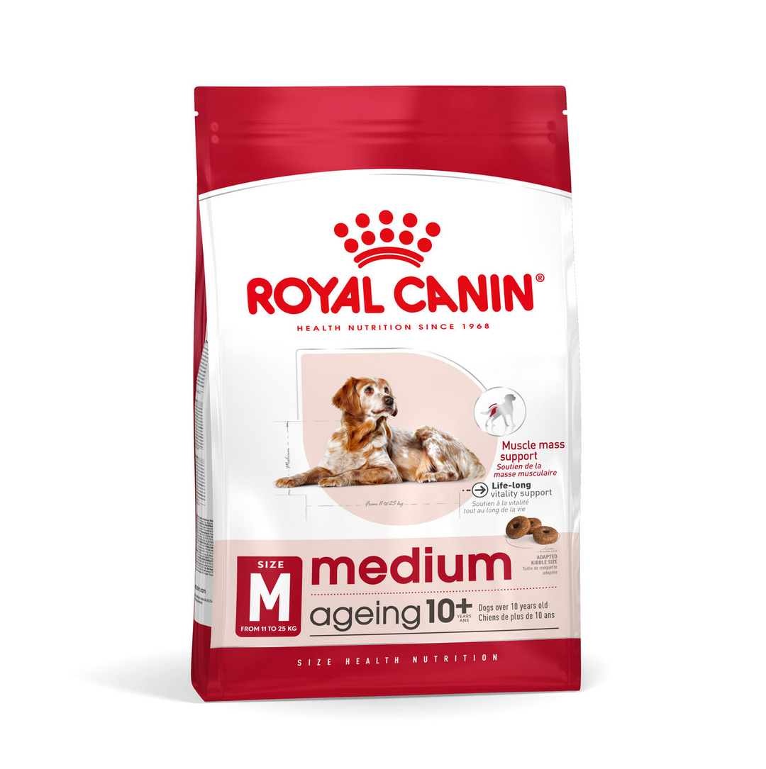 Royal Canin Medium Ageing 10+ dry dog food bag, current front of pack