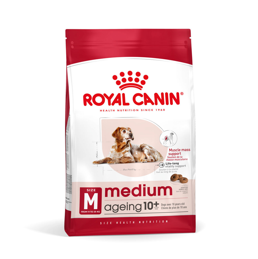 Royal Canin Medium Ageing 10+ dry dog food bag, current front of pack