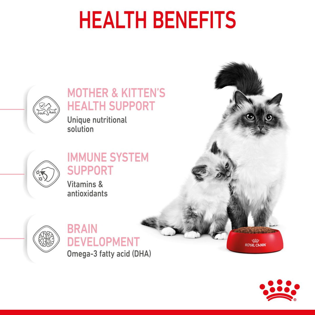 Royal Canin Mother and Babycat health benefits: mother and kitten health, immune system support, brain development with DHA