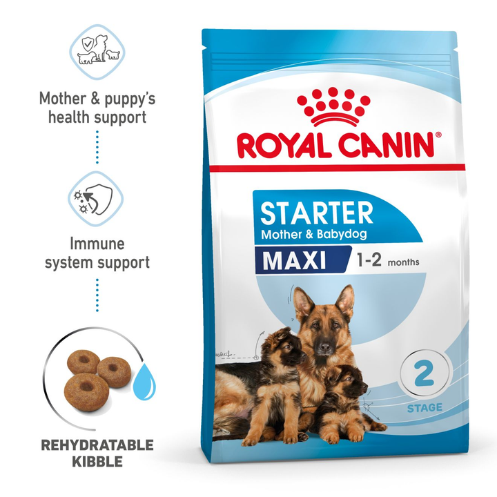 Royal Canin Maxi Starter bag with key benefits: mother and puppy health support, immune system support, rehydratable kibble