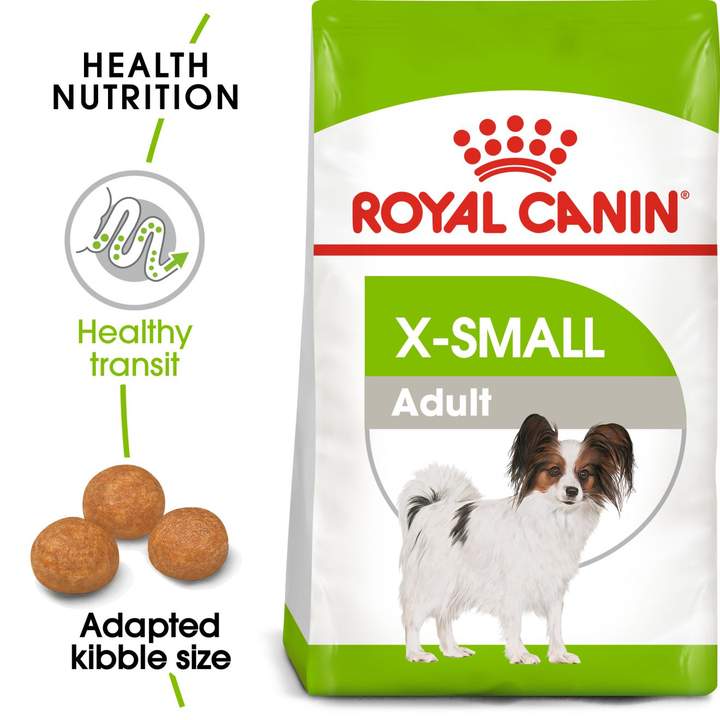 Royal Canin X-Small Adult bag with key benefits: healthy transit, adapted kibble size
