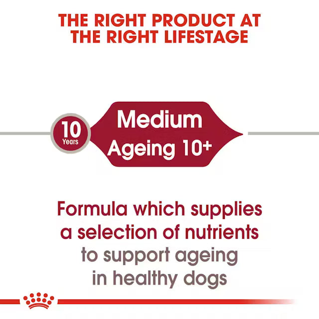 Dog food packaging label for medium-aged dogs over 10 years old