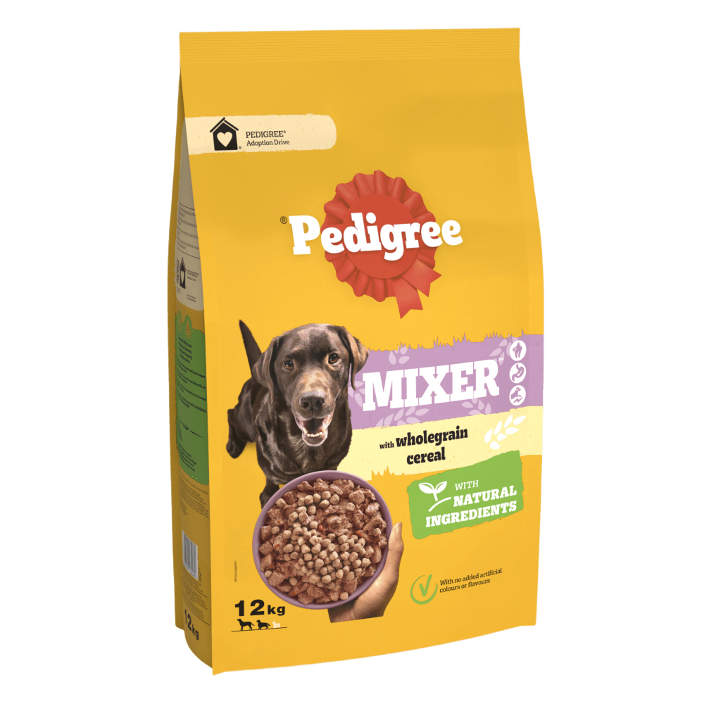 Pedigree Mixer Original adult dog food 12kg bag, front of pack, with wholegrain cereal