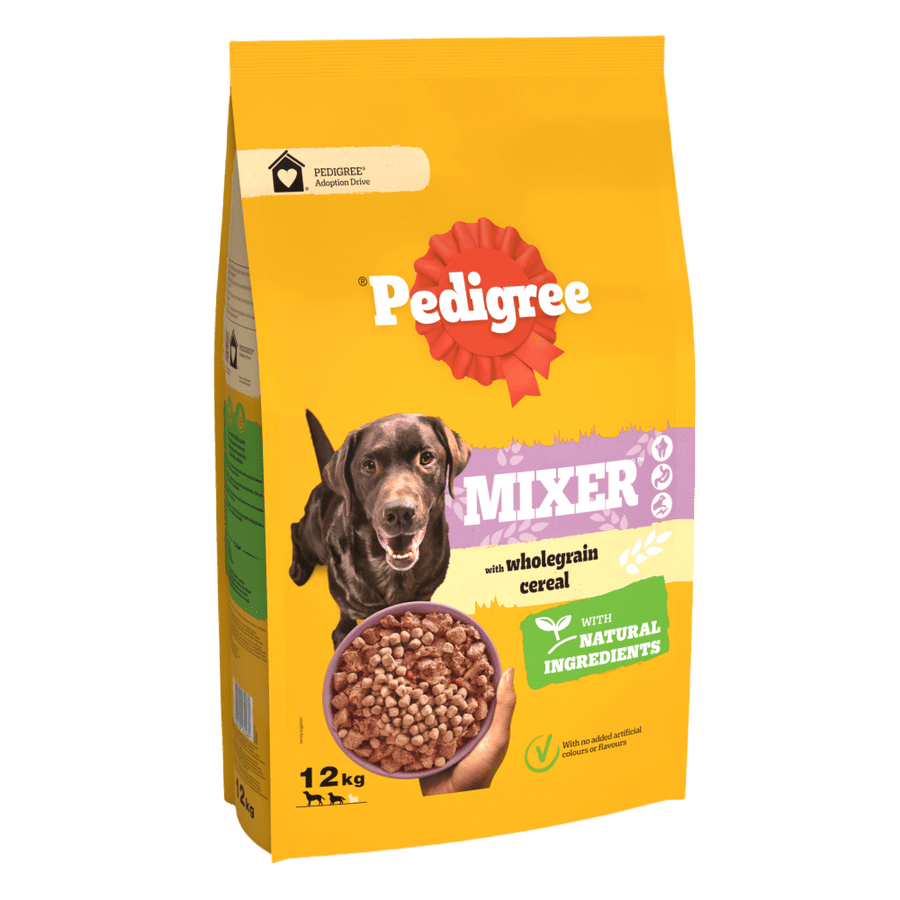 Pedigree Mixer Original adult dog food 12kg bag, front of pack, with wholegrain cereal