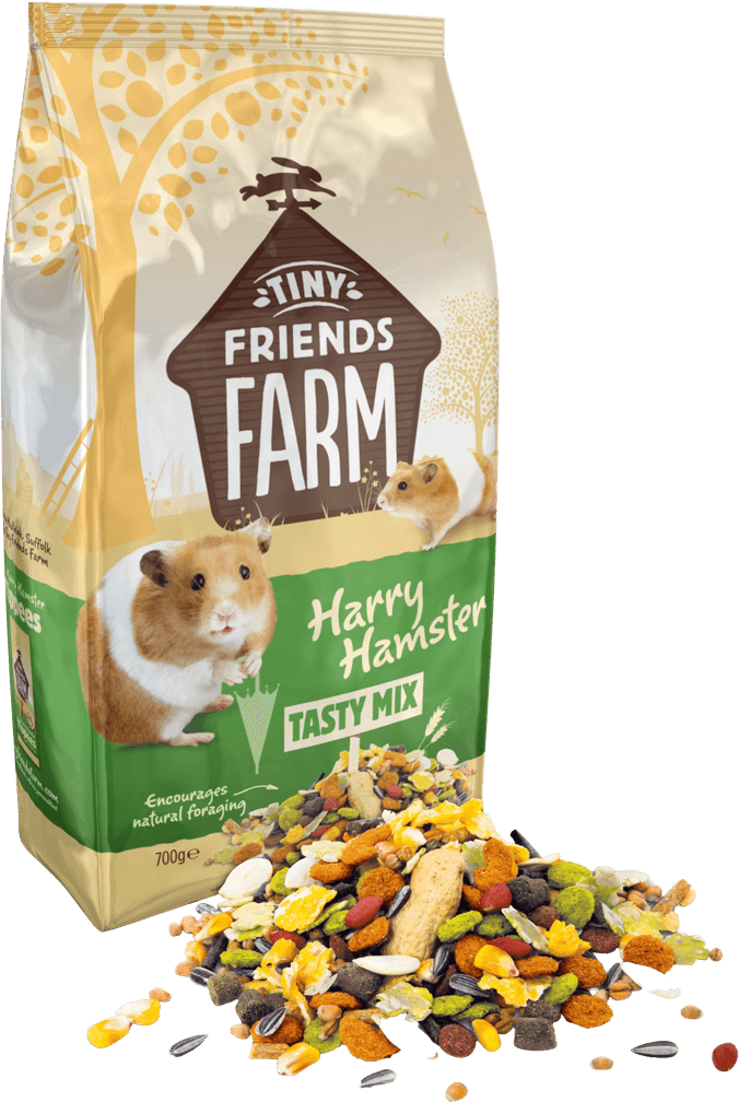 Tiny Friends Farm Harry Hamster Tasty Mix bag with the seed and nut mix shown in front
