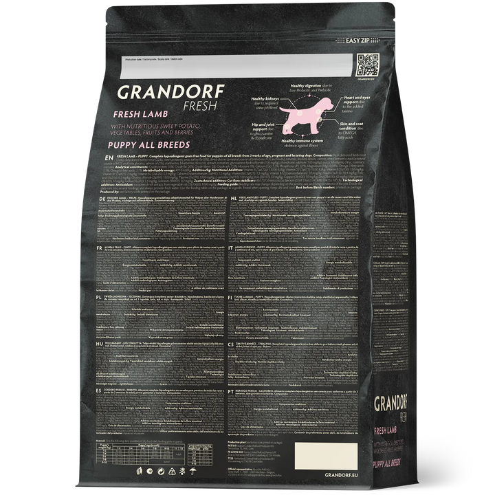 Grandorf Fresh Puppy All Breeds Lamb and Sweet Potato dry dog food bag, back of pack with ingredients and feeding guide