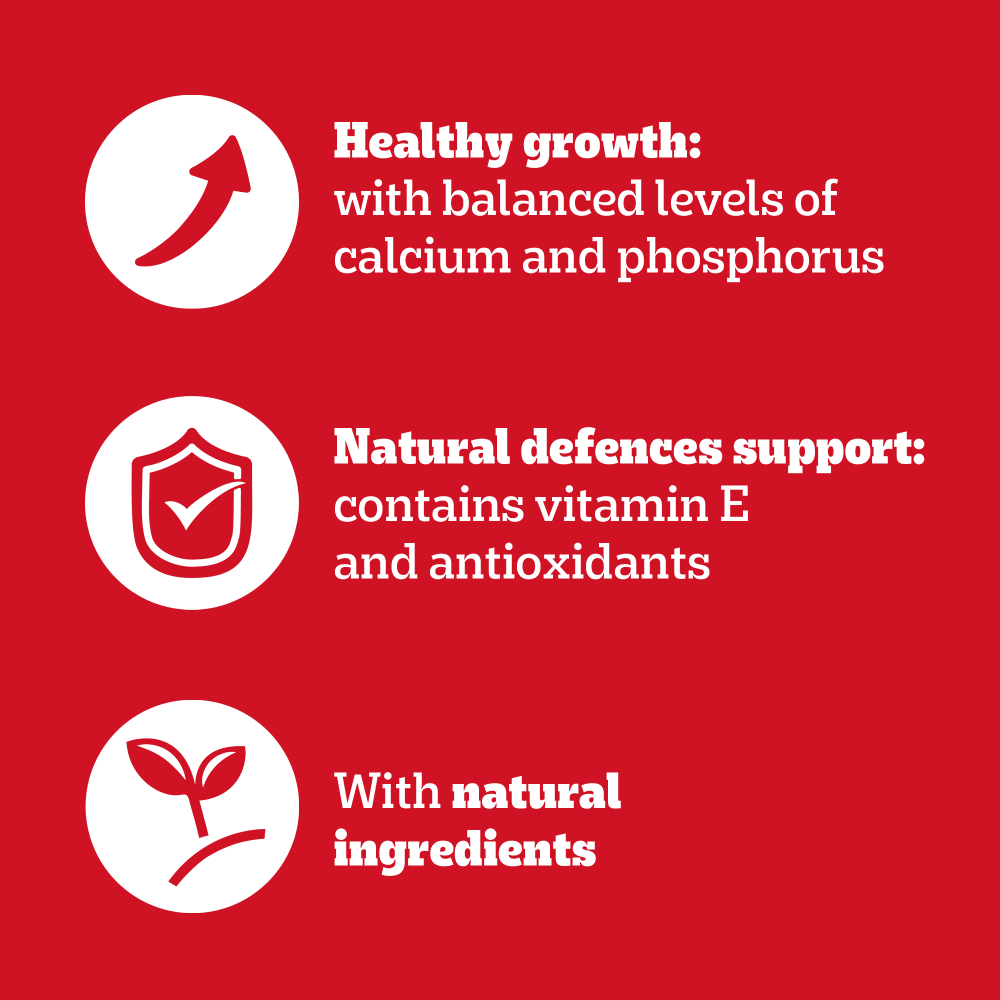 Pedigree Junior Puppy pouch benefits: healthy growth, natural defences support and natural ingredients