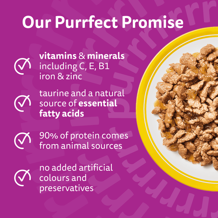 Whiskas poultry in jelly benefits: vitamins and minerals, taurine, 90% animal protein, no added artificial colours or preservatives