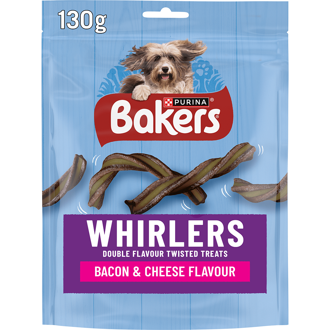 Bakers Whirlers Bacon and Cheese Flavour Dog Treats 130g pack, front