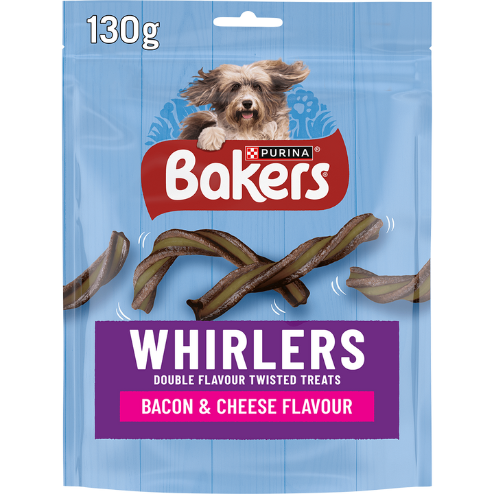 Bakers Whirlers Bacon and Cheese Flavour Dog Treats 130g pack, front