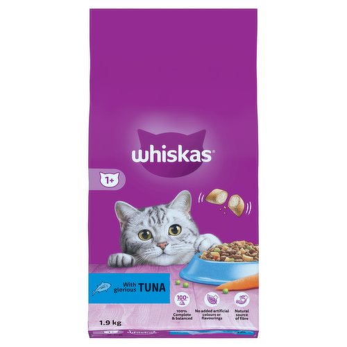 Whiskas 1+ Adult Dry Cat Food with Tuna 1.9kg bag, front of pack