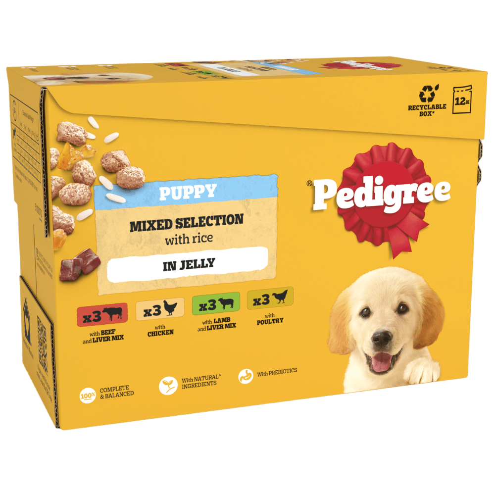 Pedigree Puppy Mixed Selection with Rice in Jelly 12 x 100g pouch multipack, front of box