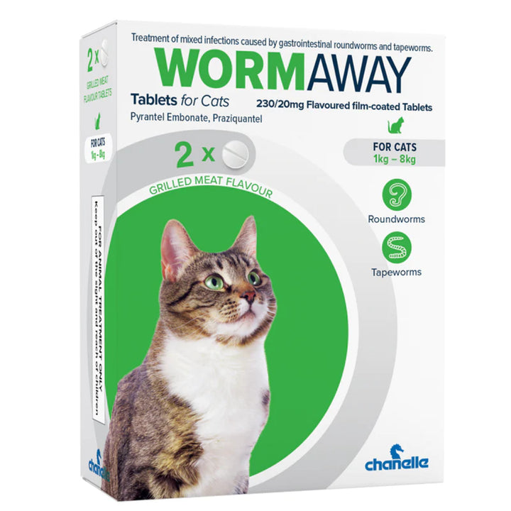 Wormaway for Cats 2 grilled meat flavoured worming tablets, pack shot