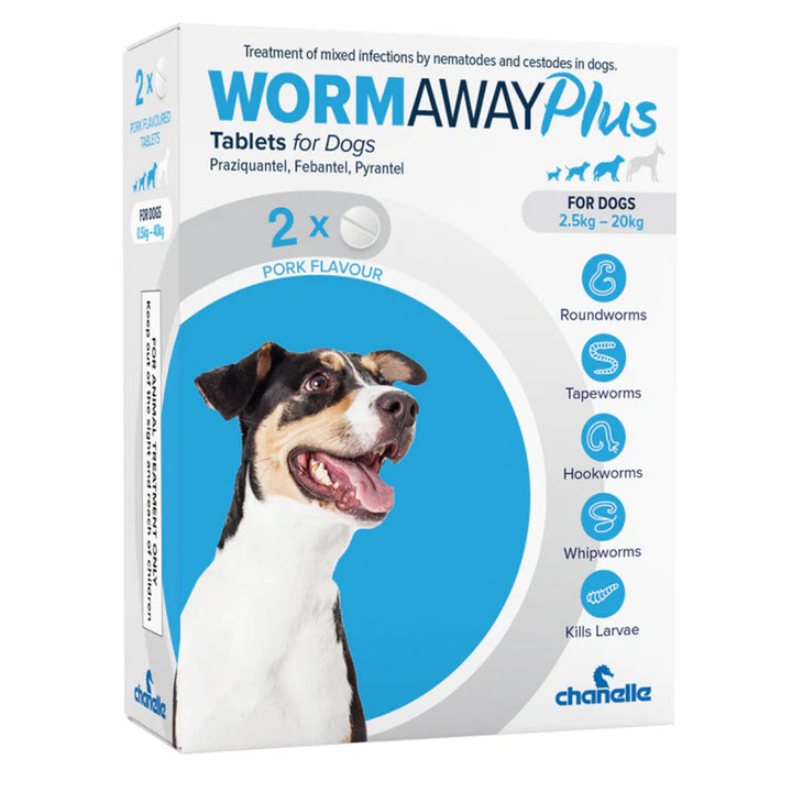 Wormaway Plus worming tablets for dogs 2.5kg to 20kg, pack of 2 pork flavour tablets by Chanelle