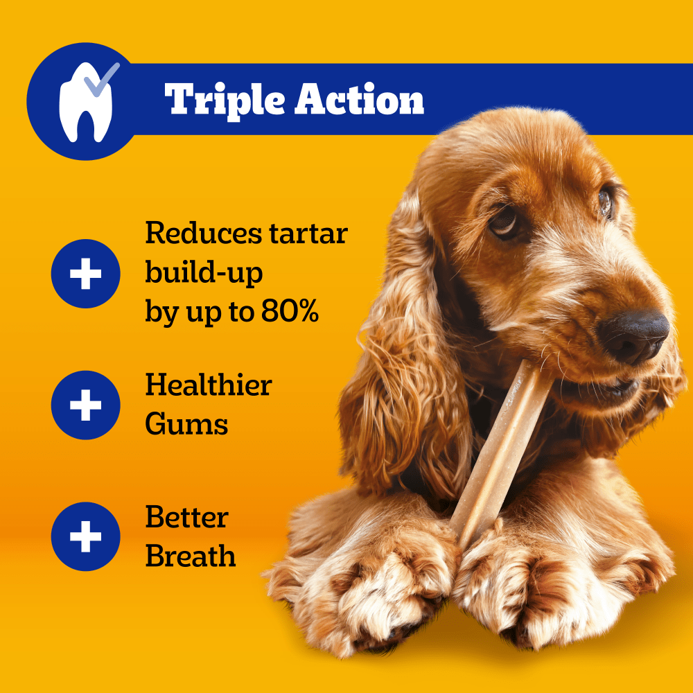 Pedigree Dentastix Triple Action: reduces tartar build up by up to 80%, healthier gums, better breath