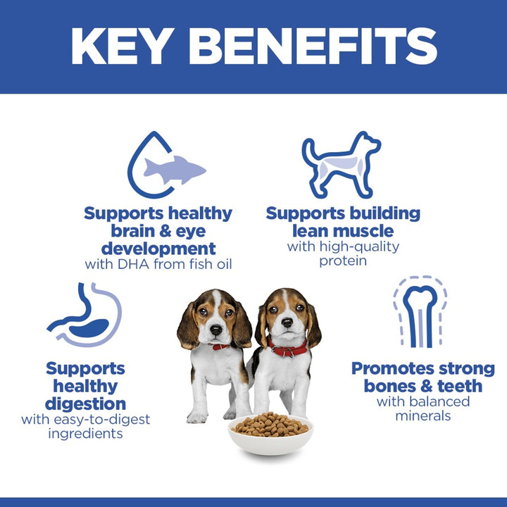 Hill's Science Plan Medium Puppy key benefits: brain and eye development, lean muscle, healthy digestion, strong bones and teeth