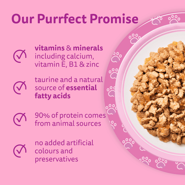 Whiskas Kitten promise: vitamins and minerals, taurine, 90% animal protein, no added artificial colours or preservatives