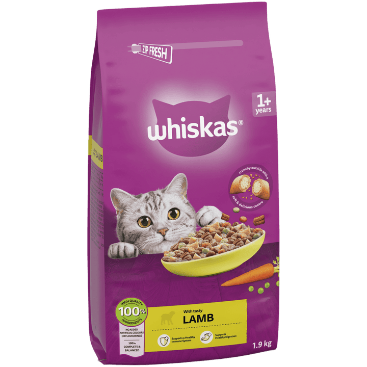 Whiskas 1+ Adult Dry Cat Food with Lamb 1.9kg bag, front of pack